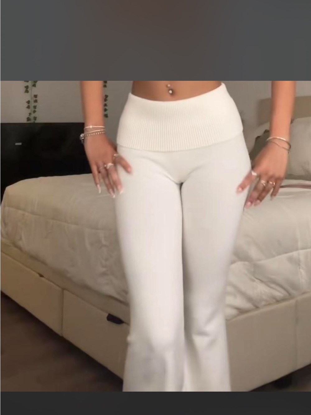 Edikted Fold-Over Waist Flare Pants - Cream - Picture 2 of 4